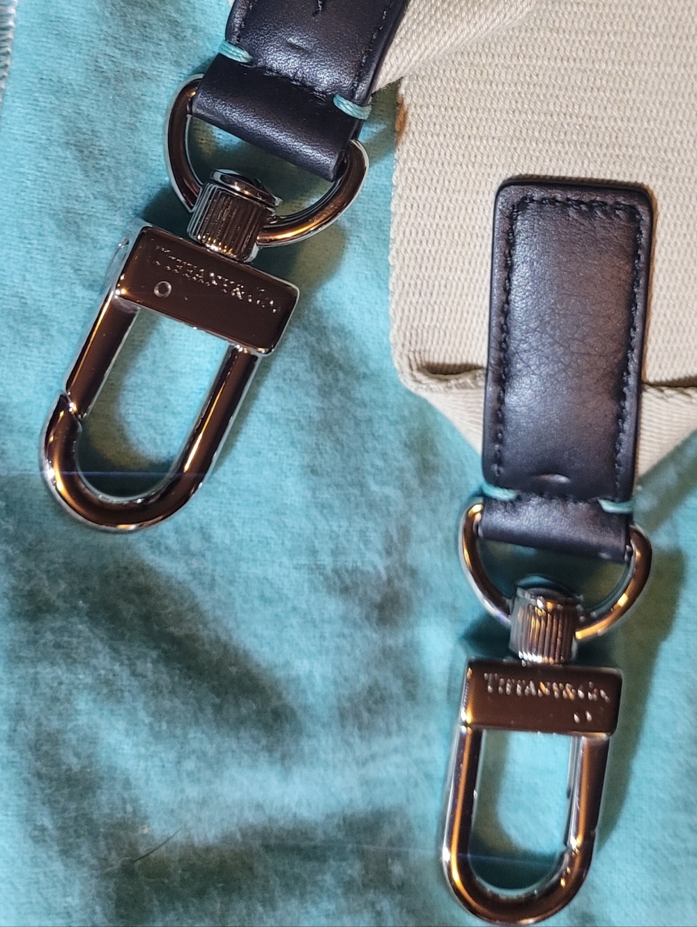 Tiffany & Co. Shoulder Strap with Black Leather Silver Hardware and Blue Stitch